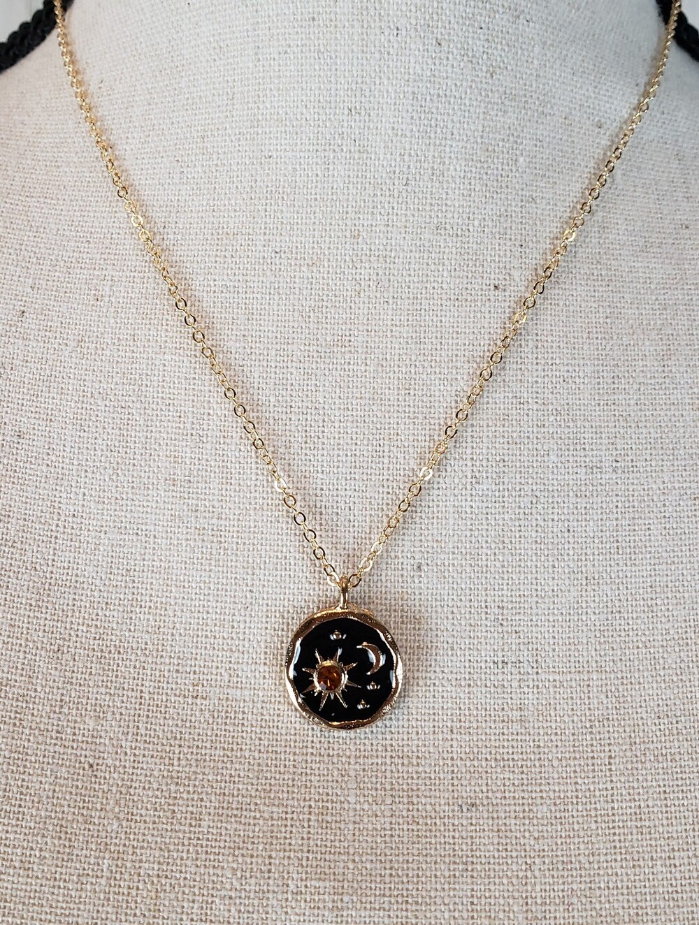 Gold Black Enamel Sun & Moon Pendant Necklace